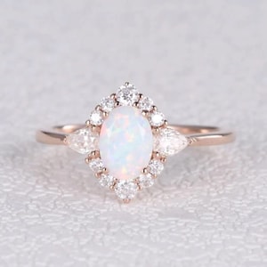 Oval opal engagement ring yellow gold ring Unique halo vintage art deco Diamond vintage ring Anniversary promise ring anniversary for her