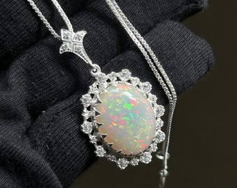Natural White Opal Necklace: 925 Sterling Silver, Handmade Pendant
