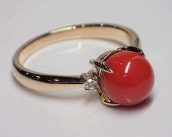 Red Coral, Diamond Trilogy Statement Ring 14K Art Deco Coral Engagement Ring Dainty Style 3 Stone Wedding Ceremony Ring Coral Cabochon Ring.