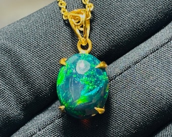 Handmade Black Opal Pendant: Sterling Silver Oval Cabochon