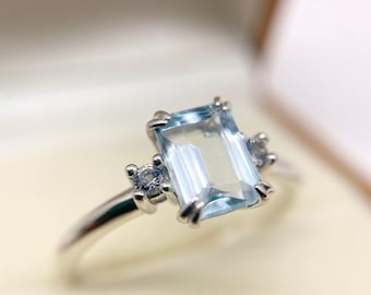 2Ct Emerald Cut Natural Aquamarine Ring, 925 Sterling Silver Stylish Aquamarine Gemstone Ring For Her, March Birthstone Ring, Handmade Ring