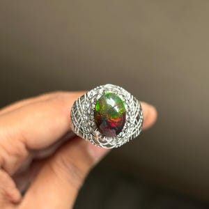 Genuine Opal Ring in Sterling Silver, Natural Black Opal Stone Ring, Ethiopian Opal Men&#39;s Opal Ring Wedding Ring Handmade Ring Gift for her.