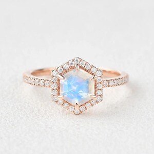 Vintage Hexagon Moonstone Engagement Ring Rose gold art deco ring Vintage halo Moonstone ring Bridal wedding ring Anniversary promise ring