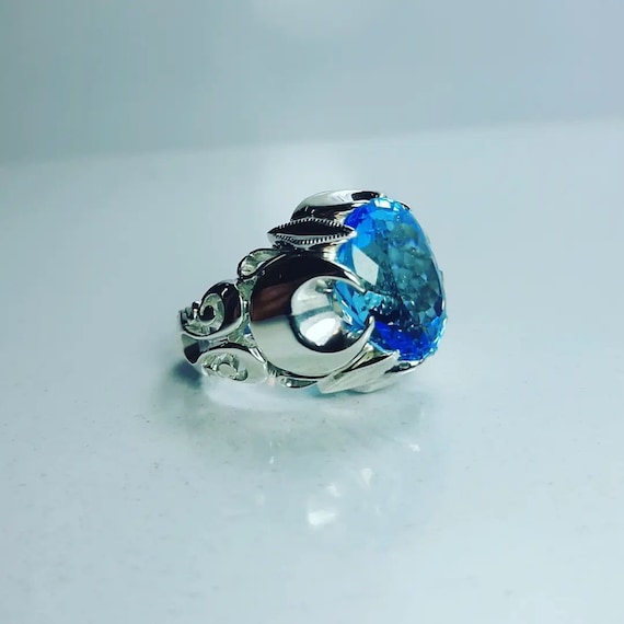 Anello Uomo Argento 925 Massiccio Con Topazio Blu Fatto A Mano – Regalo Gioiello Artigianale Turchia