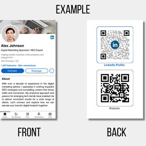 May include: A business card featuring a photograph of a man, with his name, Alex Johnson, and his job title, Digital Marketing Specialist | SEO Expert. The card also includes his LinkedIn profile details, including his follower count and connection count. The reverse of the card displays two QR codes, one for his LinkedIn profile and one for his website.