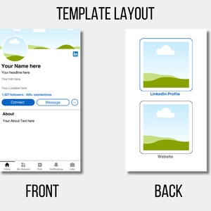 May include: A mockup of a LinkedIn profile page with a blue and green landscape background. The page includes a profile picture, headline, location, number of followers and connections, a "Connect" button, an "About" section, and a navigation bar with icons for Home, My Network, Post, Notifications, and Jobs.