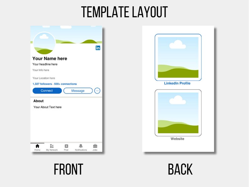 May include: A mockup of a LinkedIn profile page with a blue and green landscape background. The page includes a profile picture, headline, location, number of followers and connections, a "Connect" button, an "About" section, and a navigation bar with icons for Home, My Network, Post, Notifications, and Jobs.