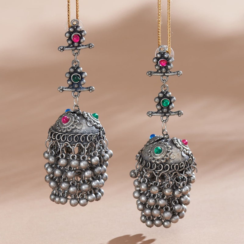 Silver Plated Traditional Jhumka Motif Oxidised Earring With Ear Chain for Women