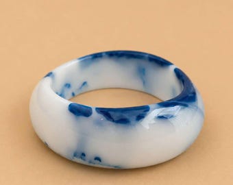 Chunky Blue White Marble Resin Bangle, Porcelain Style Statement Cuff, Abstract Swirl Jewelry