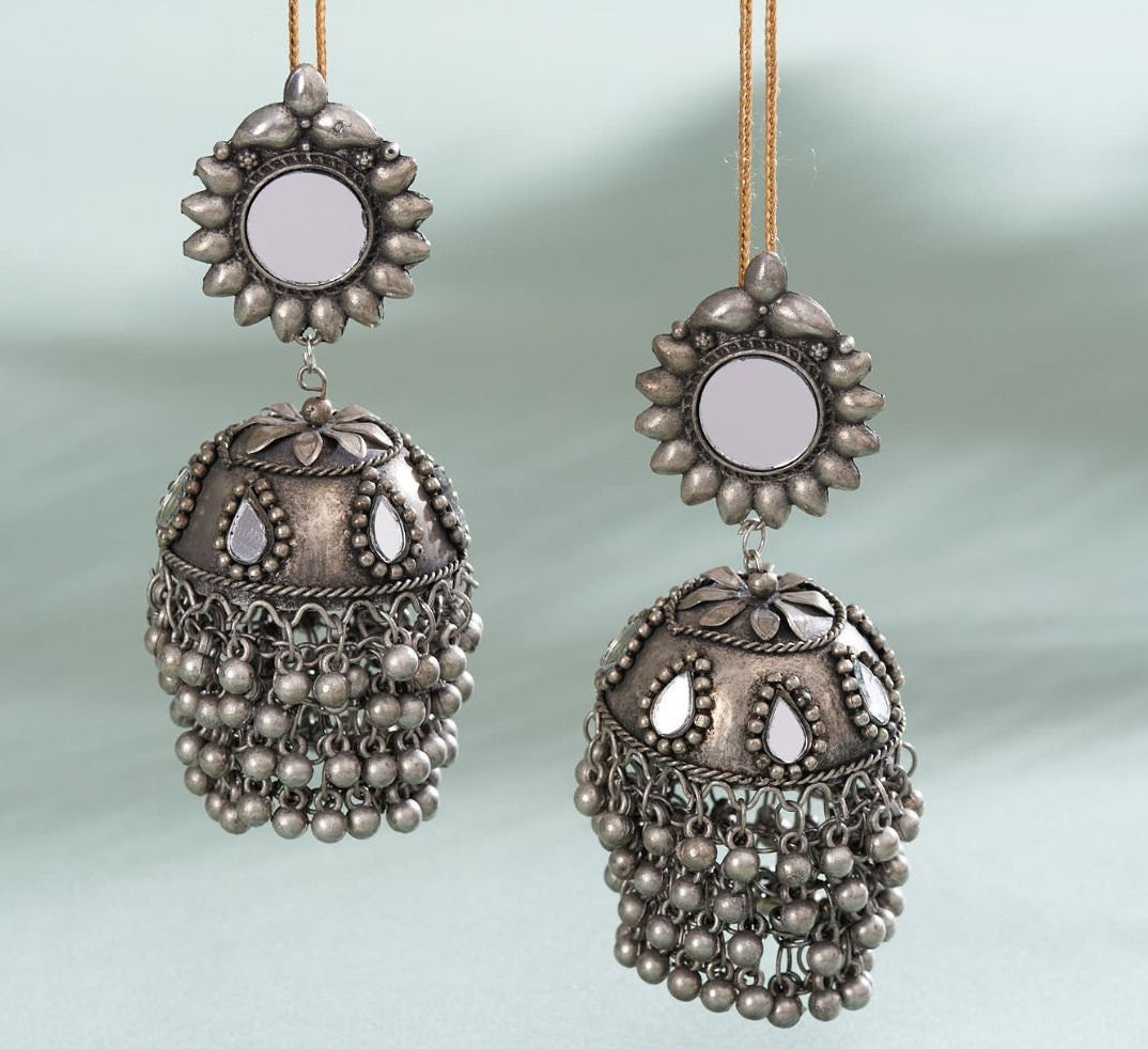 Oxidised Jhumka Mirror Jhumka Oversize Earring Black Polish Earring Antique Earrings Silver Jhumka Beautiful Earrings Etsy