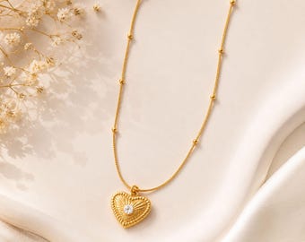 Gold Textured Heart Pendant Necklace, Solitaire Crystal, Dainty Satellite Chain Choker