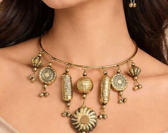 Antique Gold Tribal Torque Necklace Earrings Set, Boho Charm Hasli Choker, Statement Jewelry