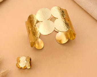 Hammered Disc Cuff Bracelet and Ring Set, Gold Plated Modern Jewelry