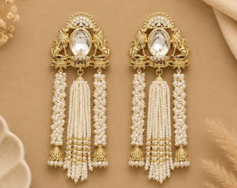 Gold Royal Lion Pearl Tassel Earrings, Indian Bridal Jhumka Wedding Jewelry