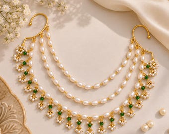 Gold Jadau Kundan Kaanchain, Pearl Emerald Beads, Indian Ear Chains, Bridal Ear Cuffs