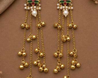 Kashmiri Long Drop Earrings, Gold Lotus Kundan Jhumka, Red Green Stone Indian Bridal Dangles