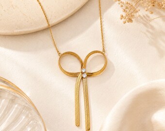 Gold Herringbone Bow Necklace with Cubic Zirconia Accent, Dainty Coquette Ribbon Pendant, Minimalist  Choker