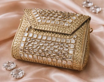 Embellished Kundan Clutch Bag, Luxury Gold Bridal Purse, Designer Indian Wedding Handbag