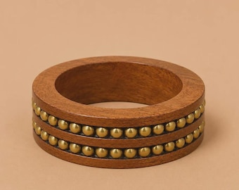 Wooden Bangle Bracelet with Gold Beads, Boho Ethnic Statement Jewelry