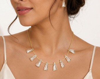 Gold Triangle Quartz Jewelry Set, Clear Crystal Dangle Earrings, Statement Necklace