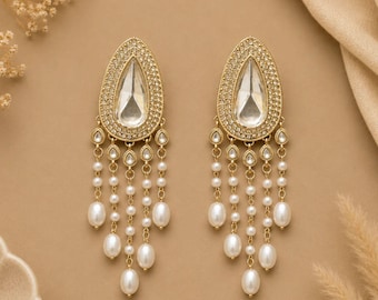 Clear Crystal Teardrop Chandelier Earrings, Gold Pearl Tassel Drops, Indian Bridal Kundan Jewelry