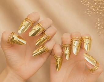 Boho Gold Fingernail Rings, Celestial Star Finger Caps, Adjustable Midi Set