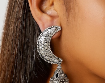 Oxidized Silver Moon Jhumka Earrings, Pearl Studded, Indian Jewelry