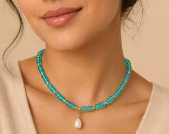 Turquoise Pearl Drop Necklace, Blue Crystal Choker, Gold Bead Layering, Beach Jewelry