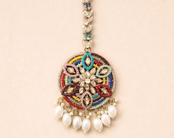 Multicolor Indian Floral Kundan Maang Tikka, Gold Plated Navratna Headpiece