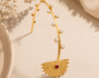 Gold Bridal Hair Chain, Bindi Headpiece with Pearls & Drop Ruby Stone, Adjustable Wedding Jewelry