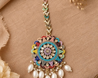 Multicolor Kundan Maang Tikka, Navratna Indian Forehead Jewelry, Gold Plated Bridal Accessory