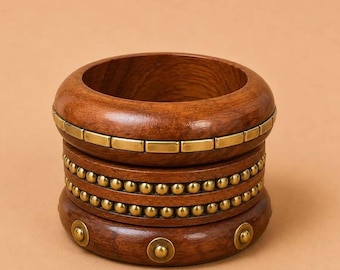 Wooden Statement Bangle, Gold Beaded Bracelet, Boho Ethnic Cuff, Rustic Wooden Jewelry, Antique Style