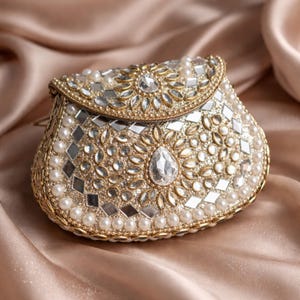 Embellished Bridal Clutch Bag, Pearl Kundan Potli Purse, Indian Wedding Accessory