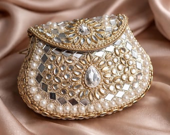 Embellished Bridal Clutch Bag, Pearl Kundan Potli Purse, Indian Wedding Accessory