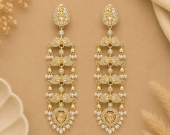 Gold Jhumka Earrings, Pearl Tassel Chandelier Drops, Kundan Bridal Jewelry