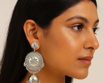 Oxidized Silver Lotus Jhumka Earrings – Oversized Indian Earrings
