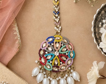 Multicolor Pearl Forehead Jewelry, Kundan Maang Tikka, Traditional Gold Plated Indian Headpiece