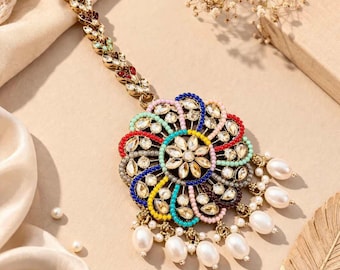 Multicolor Gold Plated Pearl Forehead Chain, Indian Wedding Jewelry Kundan Maang Tikka