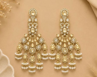 Gold Pearl Jhumka Earrings, Champagne Crystal Chandelier