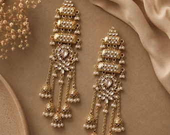 Antique Gold Kundan Jhumka Earrings, Pearl Tassel Statement Bridal Jewelry