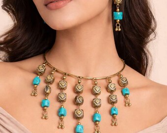 Gold Torque Fringe Necklace Earrings Set, Tribal Turquoise Geometric Choker, Boho Statement Jewelry