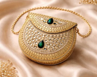 Emerald Gold Kundan Bag, Crystal Studded Wedding Clutch, Indian Bridal Sling Bag