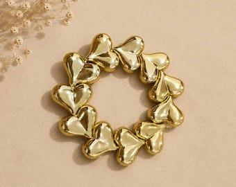 Chunky Gold Heart Bracelet, 3D Polished Link Chain, Statement Bangle Jewelry