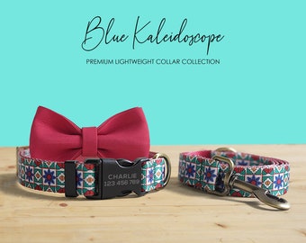 Collar para perro con estampado de caleidoscopio azul, correa, hebilla personalizada grabada, tela de nailon, accesorio para mascotas hecho a mano.