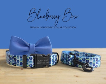 Personalized Blueberry Dog Collar and Leash Set, Engraved Name Buckle, Lightweight Nylon Pet Accessory