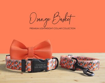 Set composto da collare e guinzaglio per cani Orange Basket, con fibbia personalizzata con nome inciso.