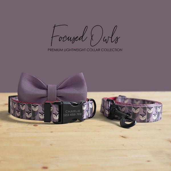 Focused Owls Dark Purple Lightweight Personalized Dog Collar, Leash, Bowtie with Engraved Name Buckle, Au, Us, Uk, Ca Fast Free Ship