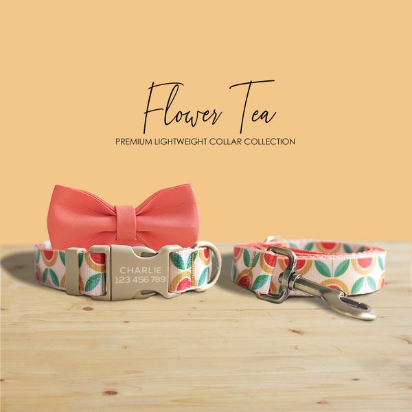 Flower Tea Floral Lightweight Personalized Dog Collar, Leash, Bowtie with Engraved Name Buckle, Au, Us, Uk, Ca Fast Free Ship