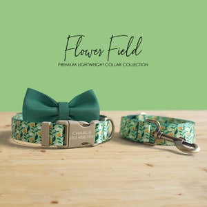 Flower Field Green Lightweight Personalized Dog Collar, Leash, Bowtie with Engraved Name Buckle, Au, Us, Uk, Ca Fast Free Ship