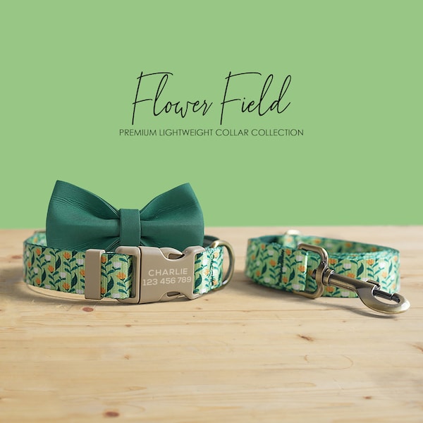 Flower Field Green Lightweight Personalized Dog Collar, Leash, Bowtie with Engraved Name Buckle, Au, Us, Uk, Ca Fast Free Ship